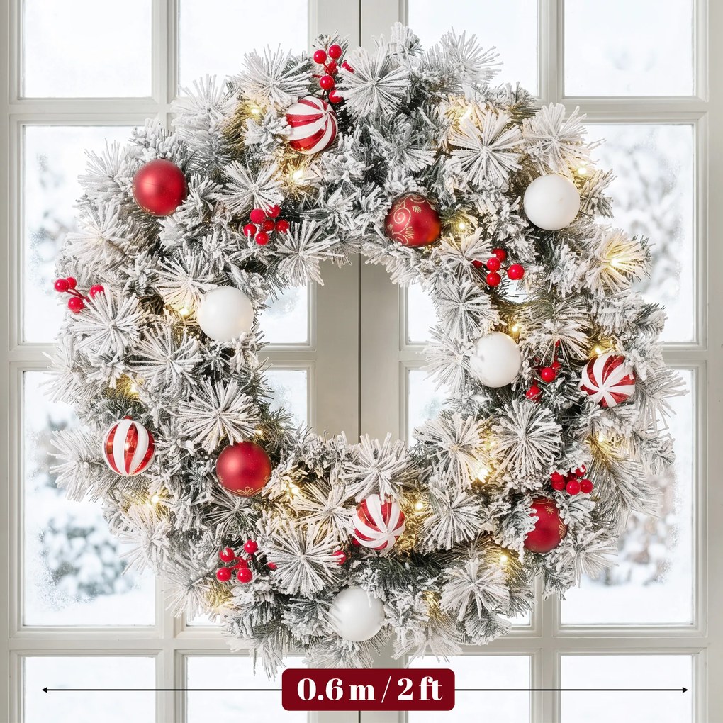 HOMCOM Coroniță de Crăciun Înzăpezită, 60 cm, cu Lumini LED, 8 Moduri, 140 Ramuri, 8 Fructe Roșii și 15 Globuri Decorative, Verde | Aosom Romania