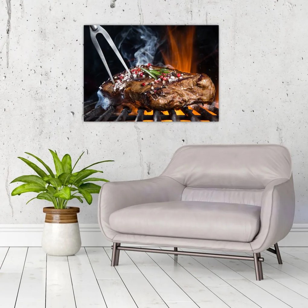 Tablou pe sticlă cu steac pe grill (70x50 cm)