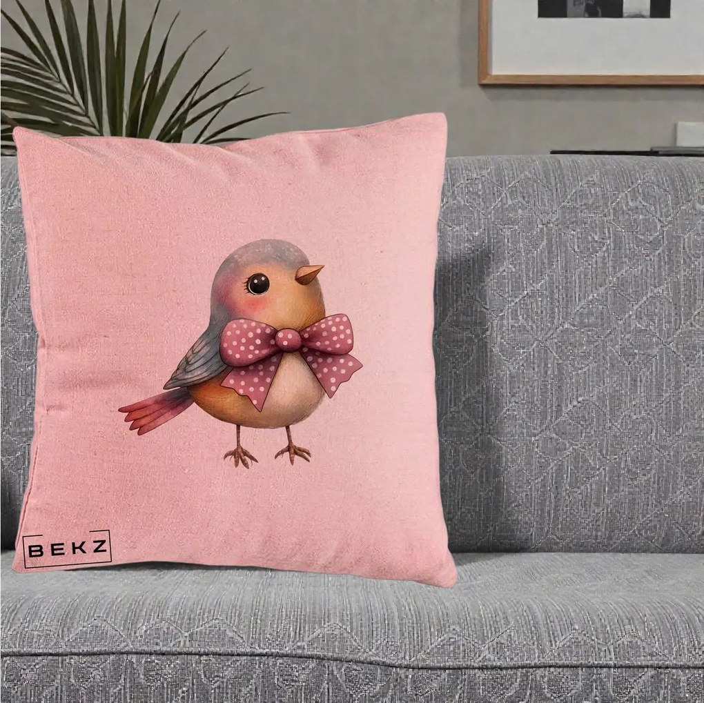 Perna Decorativa Pasare Bleu cu Fundita Roz, 40x40 cm, Roz, Husa Detasabila, Perna Inclusa, BEKZ®