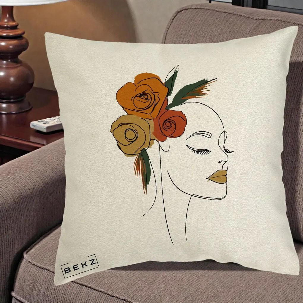 Perna Decorativa Portret Feminin Trandafiri Ruginii, 40x40 cm, Ecru, Husa Detasabila, Perna Inclusa, BEKZ®
