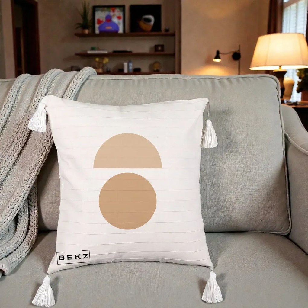 Perna Decorativa Geometric Minimalist Auriu, 40x40 cm, Bej cu Franjuri, Husa Detasabila, Perna Inclusa, BEKZ®