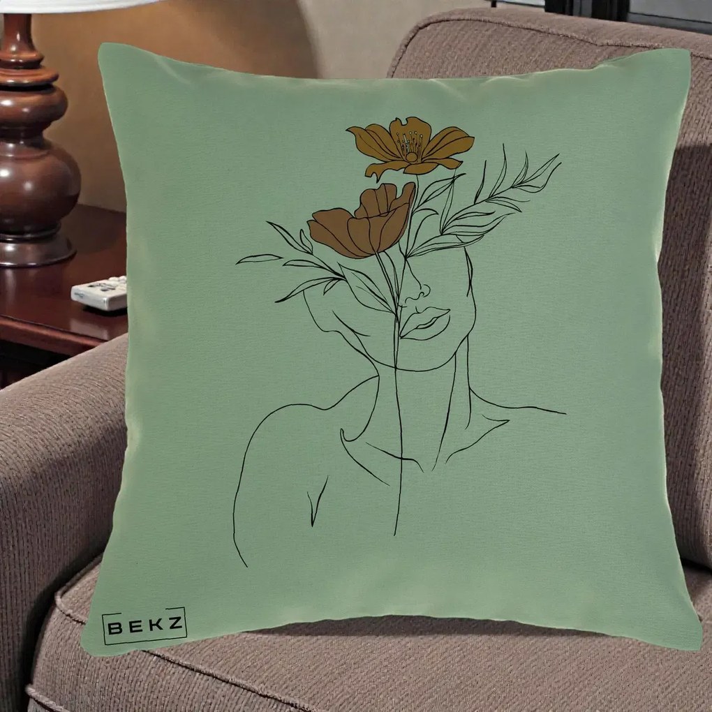 Perna Decorativa Portret Feminin Doua Flori, 40x40 cm, Verde, Husa Detasabila, Perna Inclusa, BEKZ®