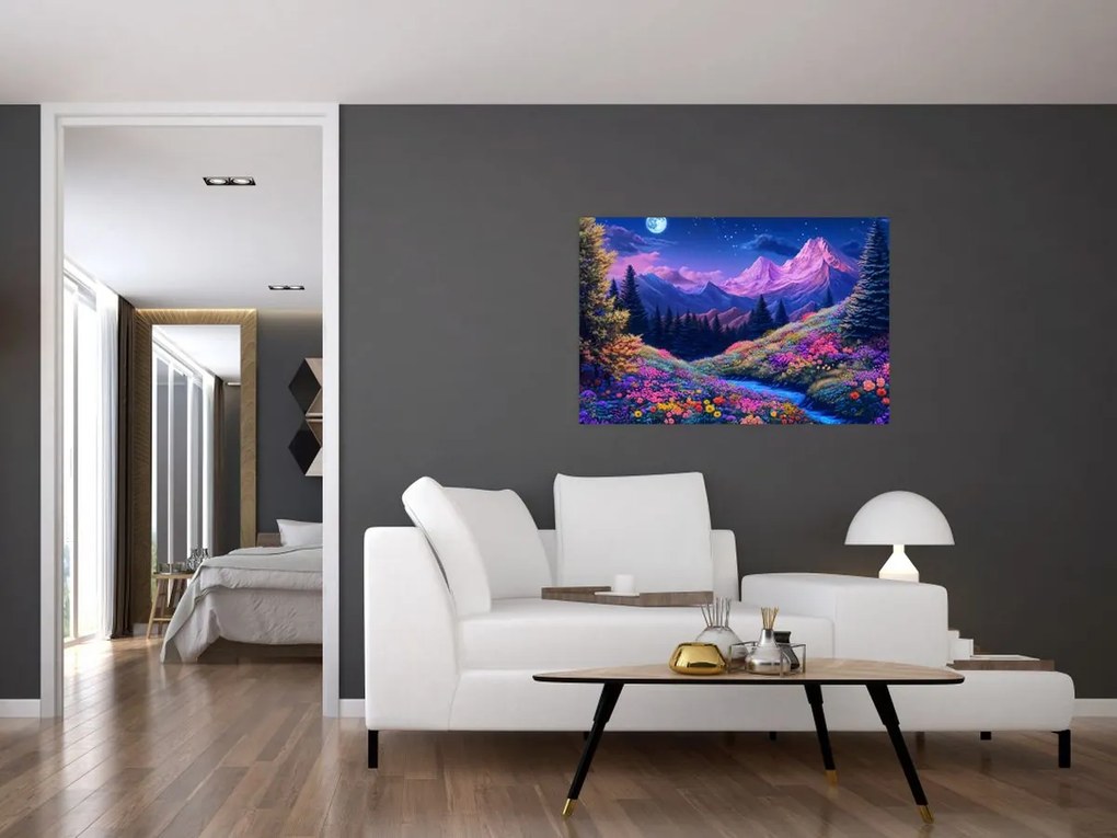 Tablou - Peisaj violet la lună plină (90x60 cm)