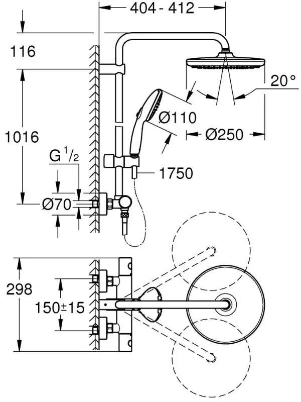 Coloana de dus Grohe Tempesta 250 266702431 baterie termostatata