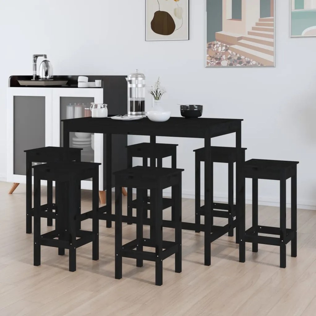 Set mobilier de bar, 7 piese, negru, lemn masiv de pin