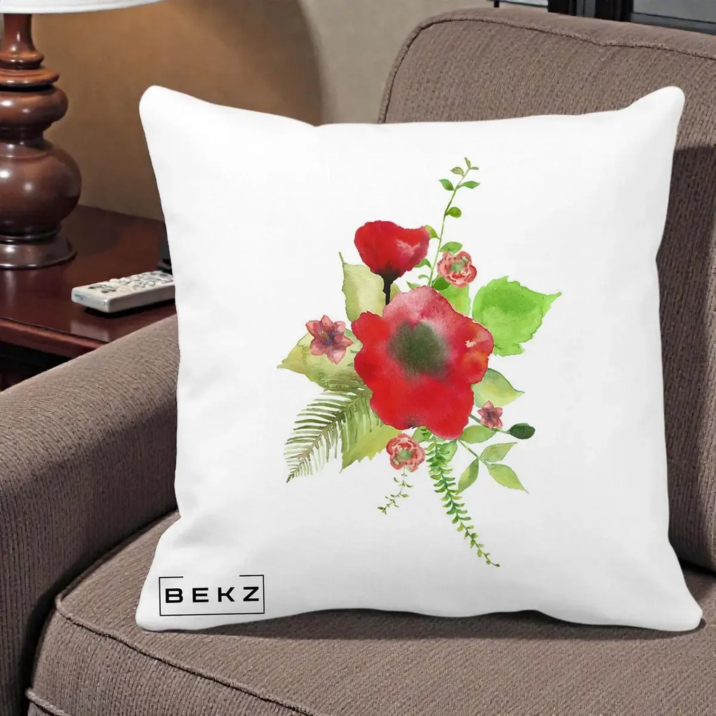 Perna Decorativa Buchet Rosu Acuarela, 40x40 cm, Alba Mata, Husa Detasabila, Perna Inclusa, BEKZ®