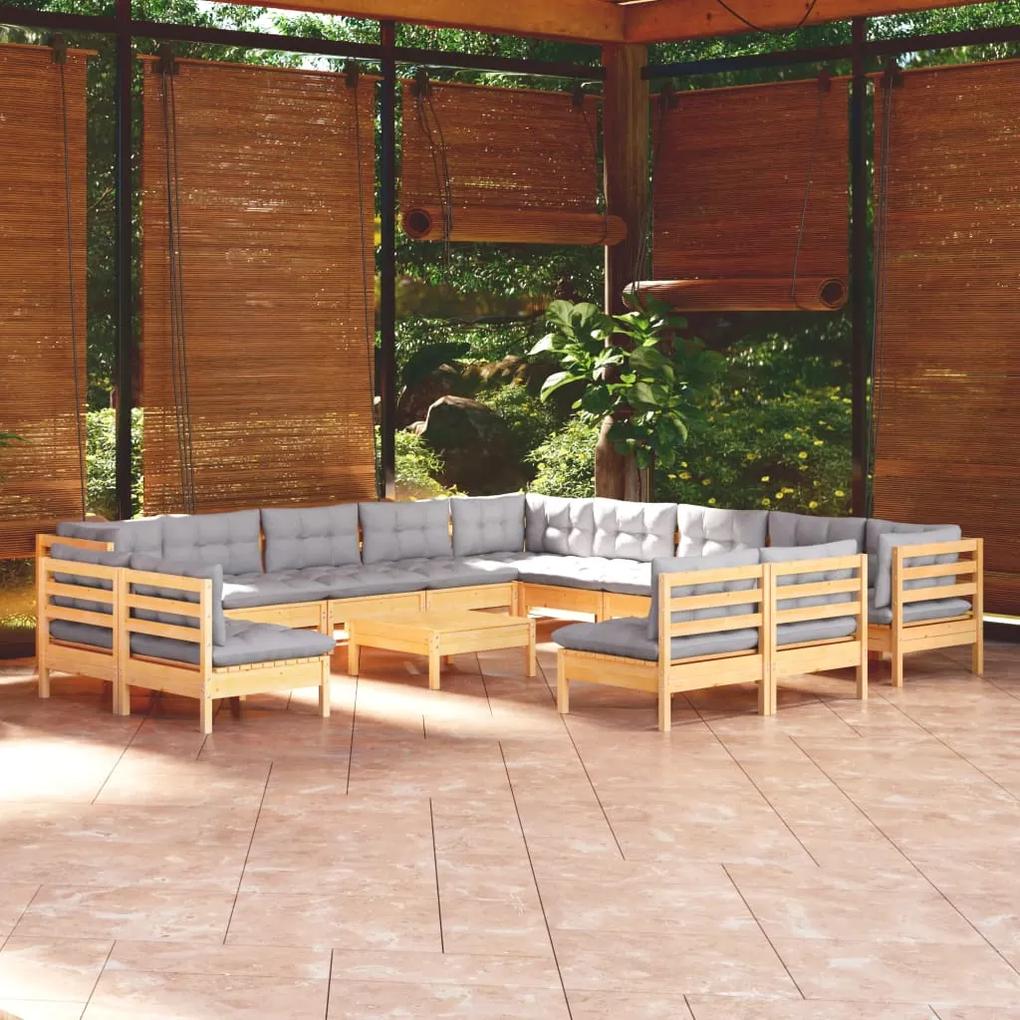 3096892 vidaXL Set mobilier grădină cu perne, 14 piese, gri, lemn masiv pin
