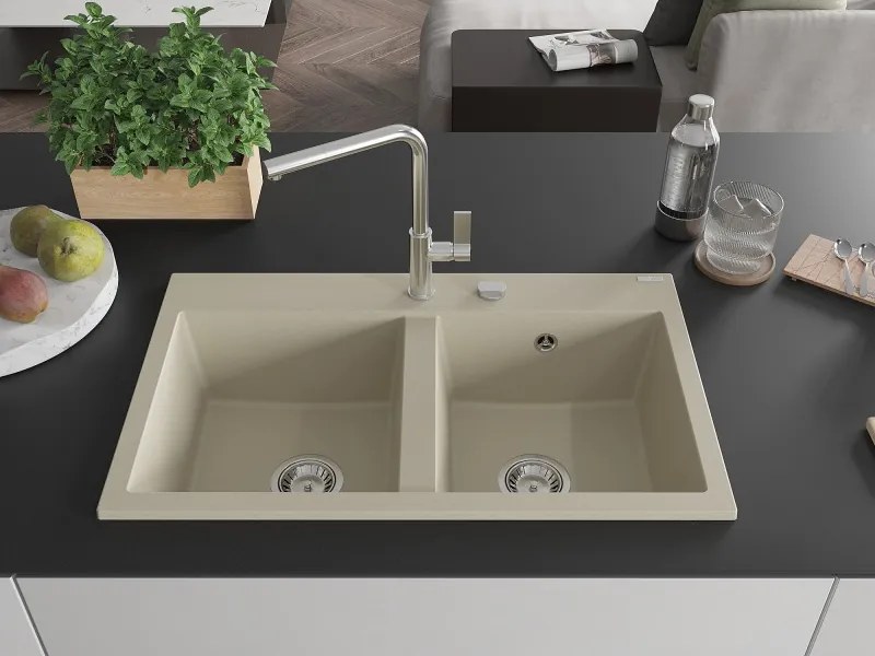 Mexen Hektor chiuvetă de granit cu 2 cuve 800 x 480 mm, bej, sifon crom - 6521802000-69