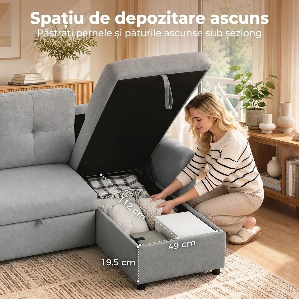 HOMCOM Canapea extensibilă 3 locuri cu șezlong convertibil, spațiu de depozitare, 3 perne, material cu efect de in, gri | Aosom Romania