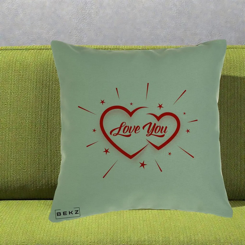 Cadou Romantic - Perna Personalizata Love You Doua Inimi, 40x40 cm, Verde, Husa Detasabila, Perna Inclusa, BEKZ®