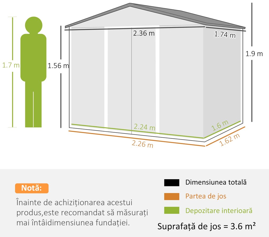 Outsunny Casută de Grădină, Magazie de Exterior pentru Unelte cu 2 Uși Culisante și 4 Prize de Aerisire, 236x174x190 cm, Gri | Aosom Romania