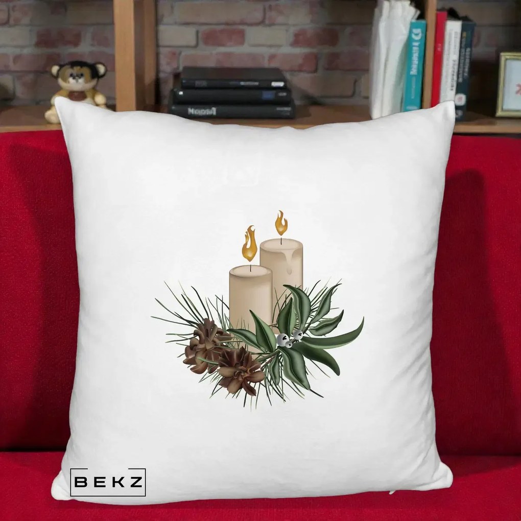 Perna Decorativa Lumanari cu Ilex si Conuri Ilustratie, 40x40 cm, Alb Pufos, Husa Detasabila, Perna Inclusa, BEKZ®