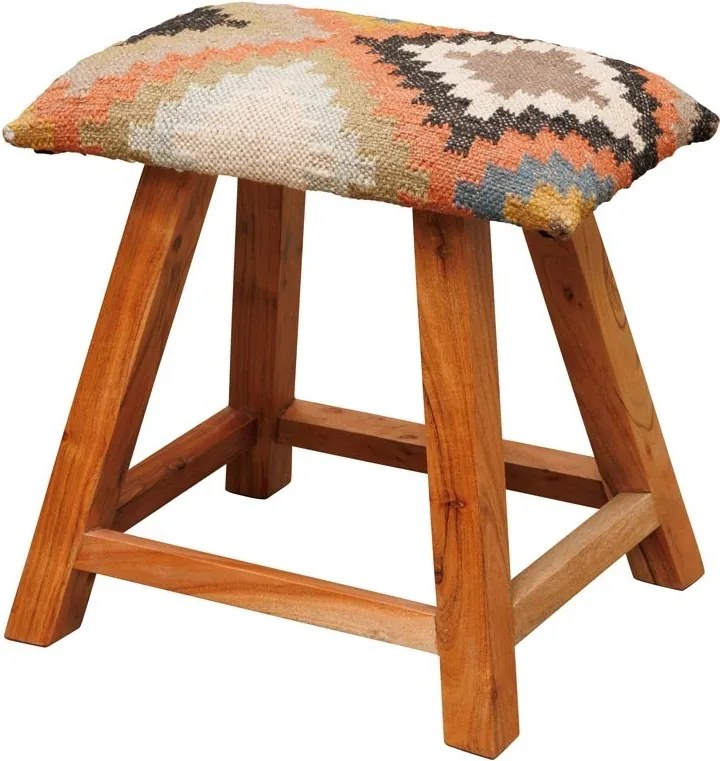 Taburet kilim din iută, lână și lemn de mango, multicolor, cu romb în trepte și picioare înclinate, 45 x 45 x 35 cm, „Winter Killim”