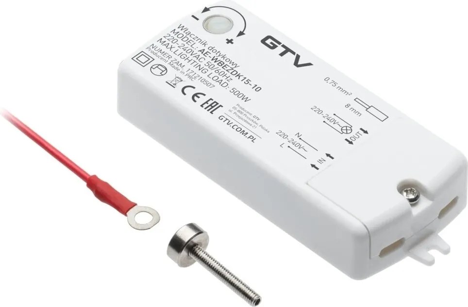 Întrerupător tactil GTV pentru iluminat LED, cu șurub, 500W, 220-240V AC, IP20, alb, cablu 2 m 500 W, 240 V, 2 m, Alb