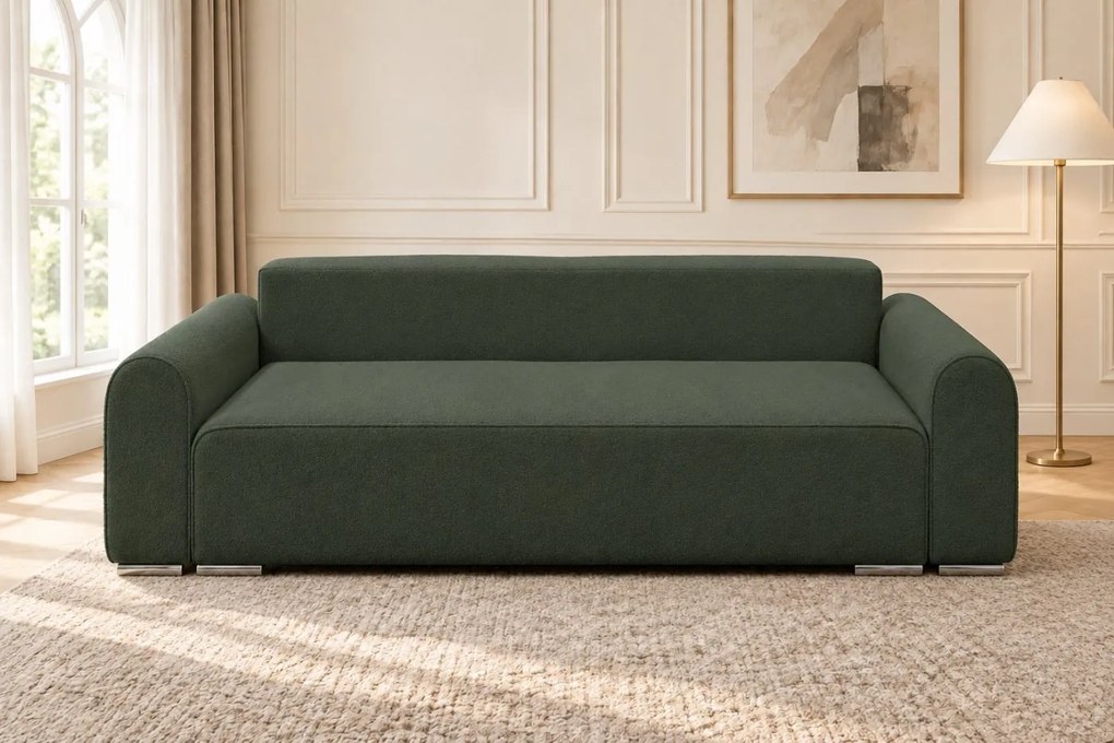 Canapea extensibilă Fiorella din boucle, verde, cu ladă de depozitare