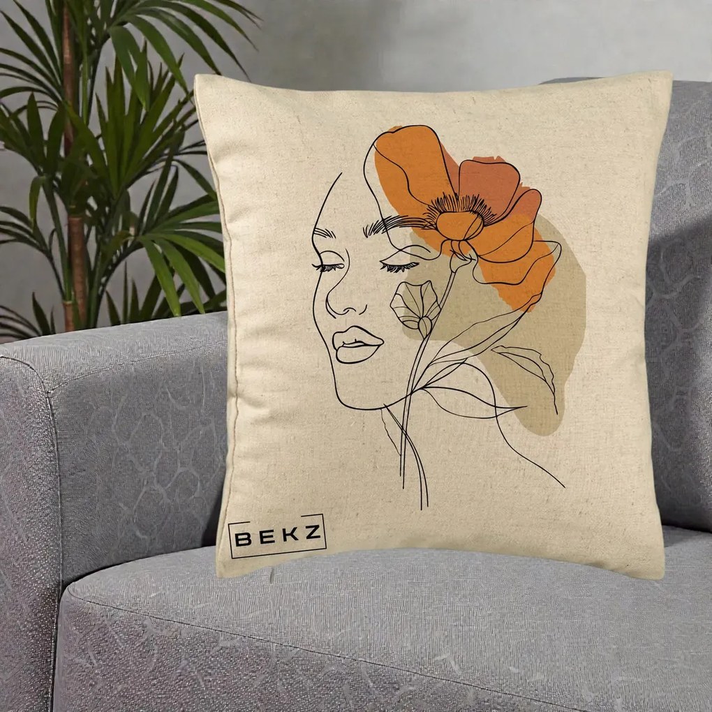 Perna Decorativa Portret Feminin Mac Mare Portocaliu, 40x40 cm, Bej, Husa Detasabila, Perna Inclusa, BEKZ®