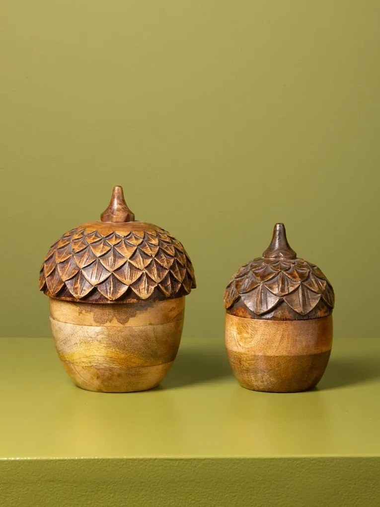 Lumânare decorativă din lemn de mango în formă de ghindă, capac sculptat, finisaj natural, 16,5 x 15 cm, „Chêne”