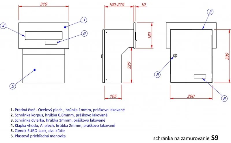 S9 cutie poştală pentru garduri zidite din antracit
