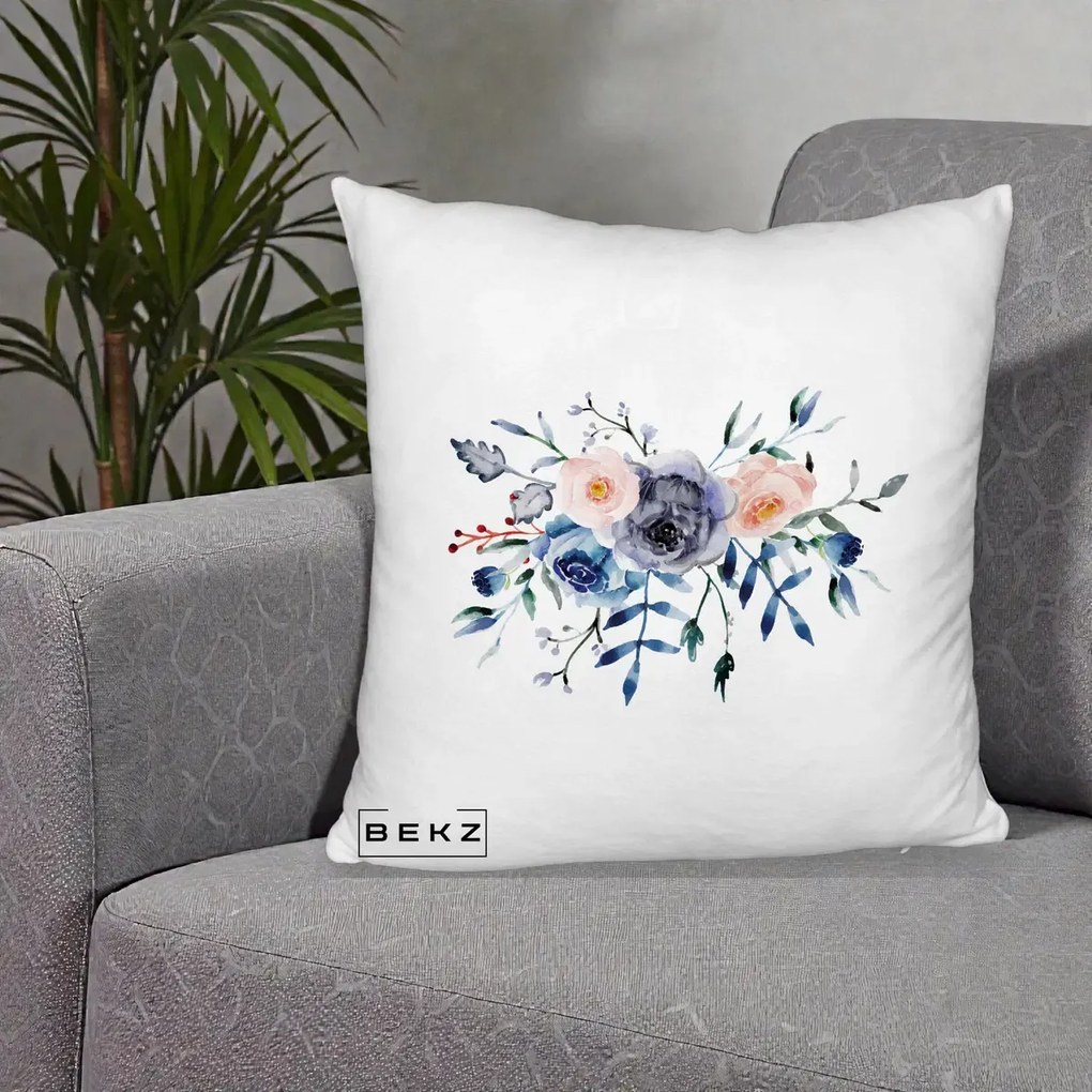 Perna Decorativa Buchet Flori Albastre Acuarela, 40x40 cm, Alb Pufos, Husa Detasabila, Perna Inclusa, BEKZ®