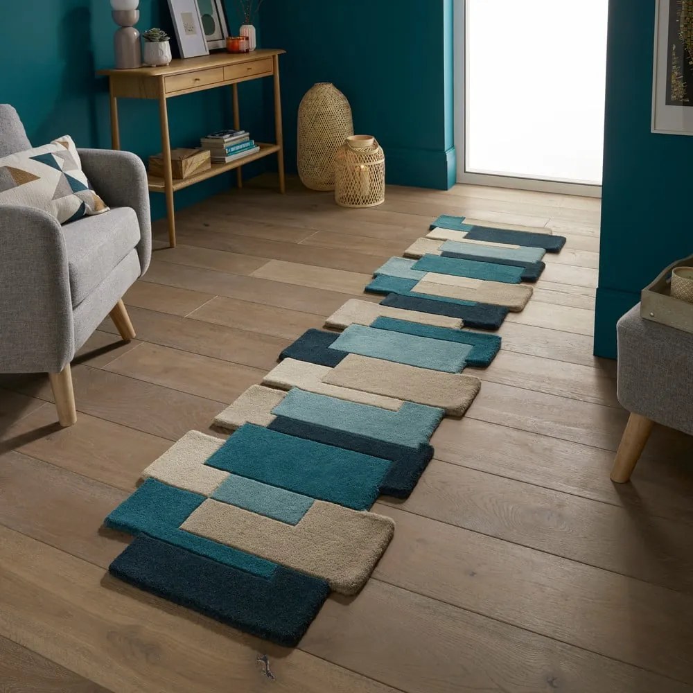 Covor tip traversă albastru/bej din lână 60x230 cm Abstract Collage – Flair Rugs