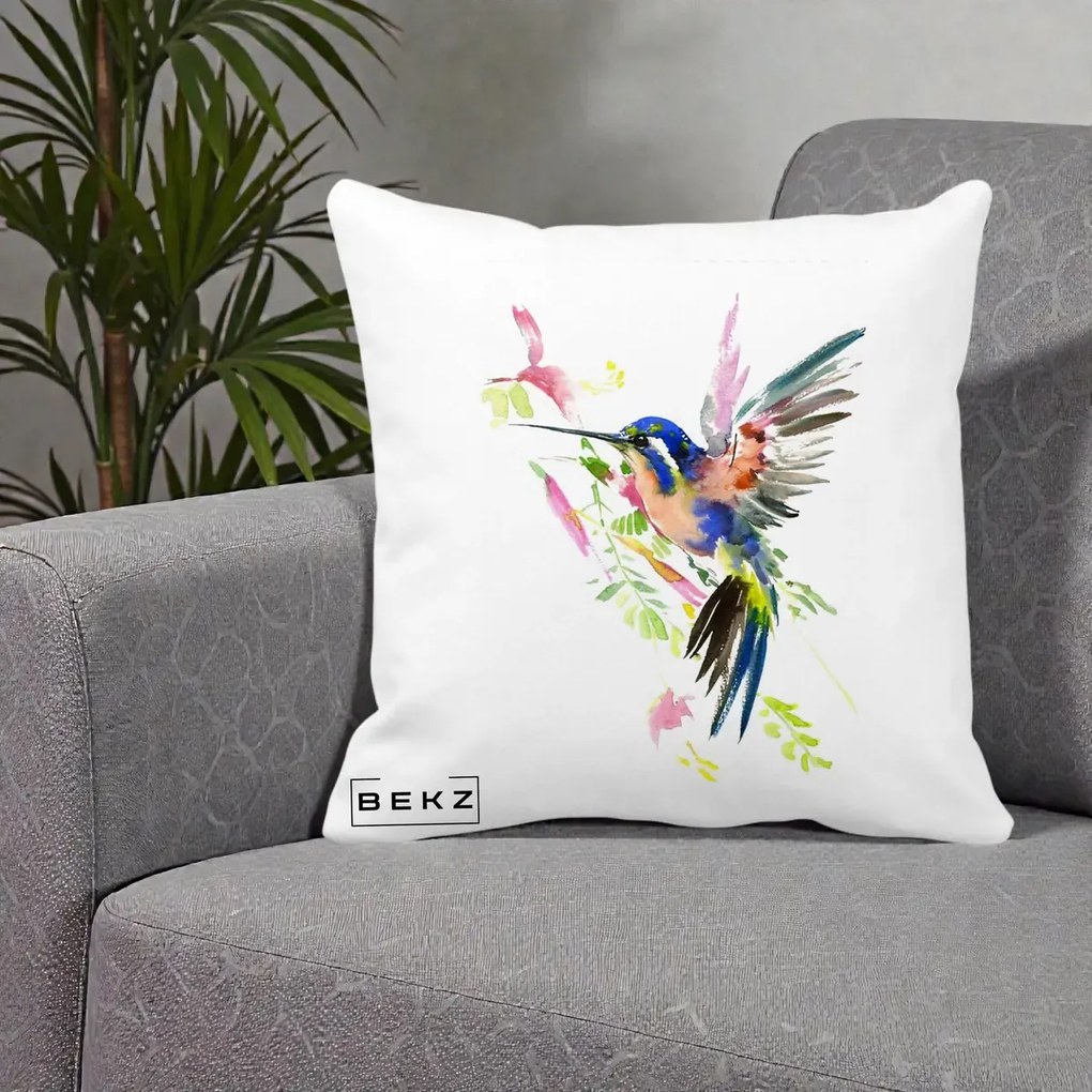 Perna Decorativa Colibri Acuarela, 40x40 cm, Alba Mata, Husa Detasabila, Perna Inclusa, BEKZ®
