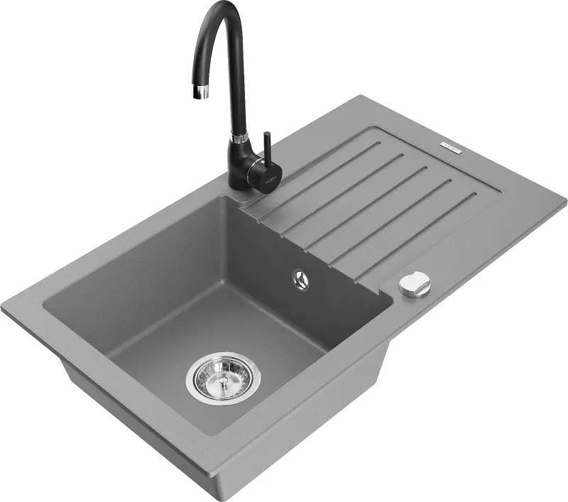 Mexen Pablo chiuvetă de bucătărie din granit cu o cuvă, cu scurgător și baterie de bucătărie Telma, gri - 6510-71-670200-70