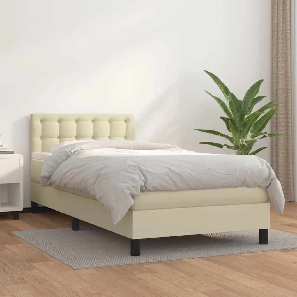 3141109 vidaXL Pat box spring cu saltea, crem, 100x200 cm, piele ecologică