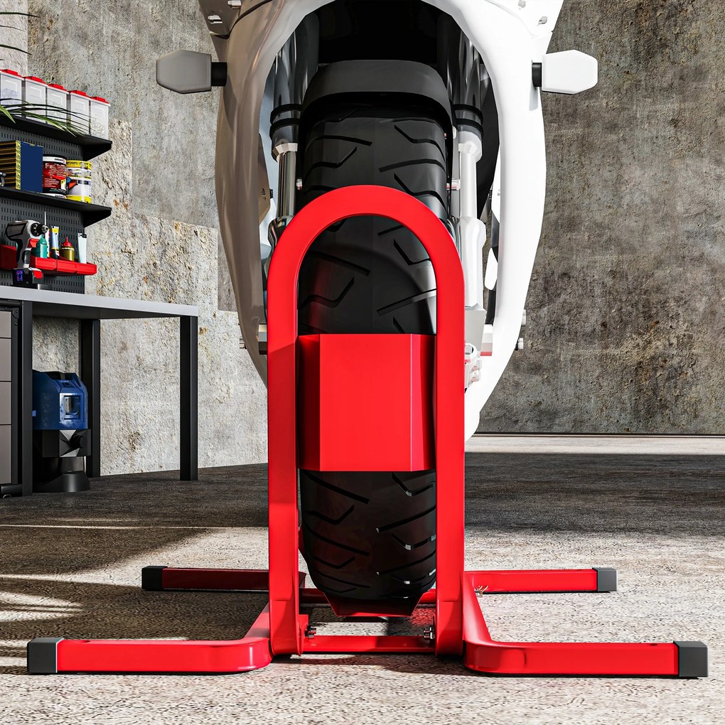 HOMCOM Suport pentru Motocicletă Reglabil pe 3 Nivele, Sistem de Blocare Roți Motocicletă în Metal cu Găuri, 60x55x43 cm, Negru | Aosom Romania