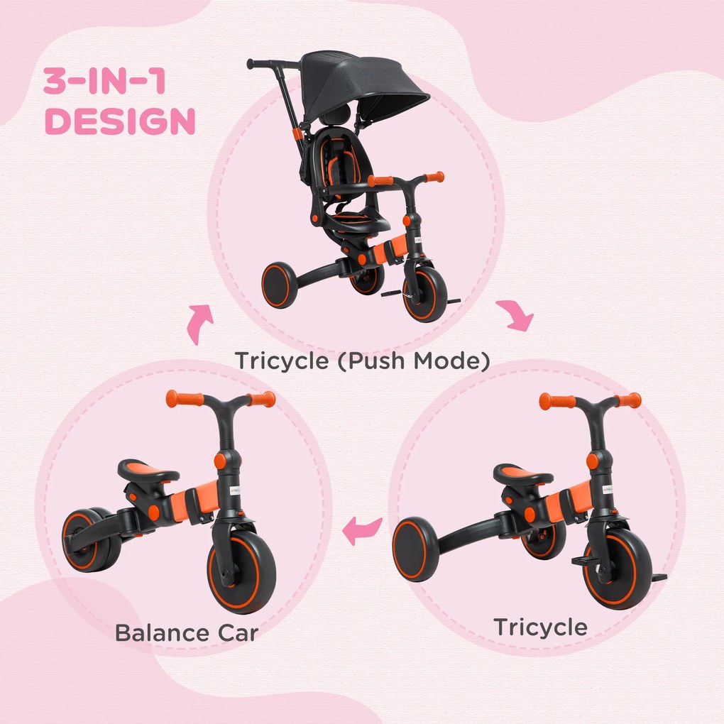 Tricicleta 3 in 1 pentru copii, Tricicleta pentru copii cu maner de impins reglabil, pentru 18-48 de luni, rosu AIYAPLAY | Aosom RO