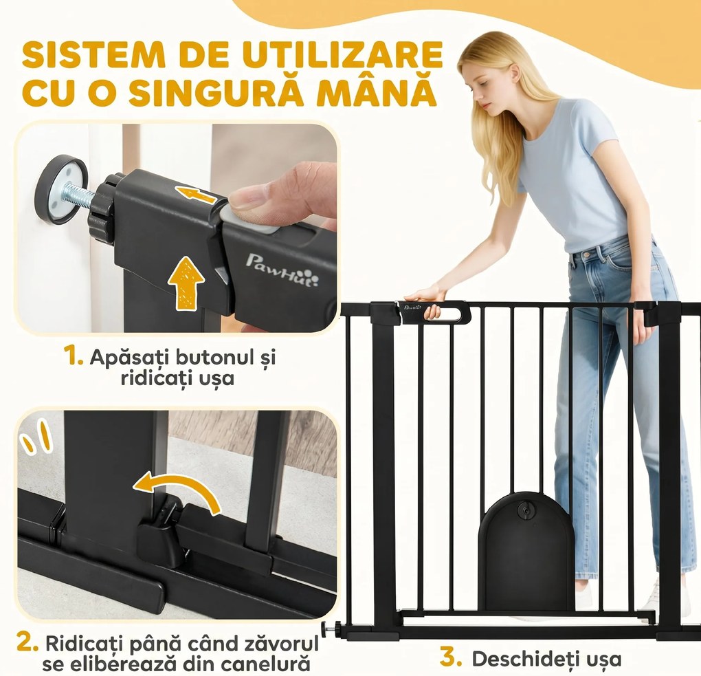 PawHut Barieră Reglabilă pentru Câini cu Ușă Mică, Montare prin Presiune și Închidere Automată, 75-103x76 cm, Negru | Aosom Romania
