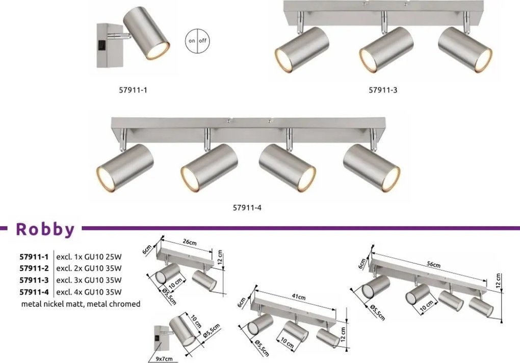 Aplica de perete / tavan cu 2 spoturi directionabile design modern ROBBY nickel mat