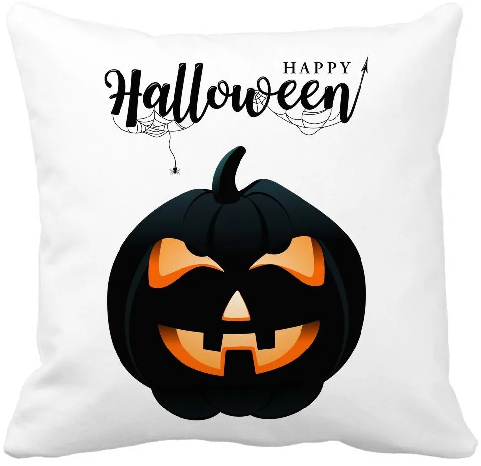 Perna Decorativa cu motiv Dovleac de Halloween si Text, 40x40 cm, Alba, Mata, Husa Detasabila, Burduf