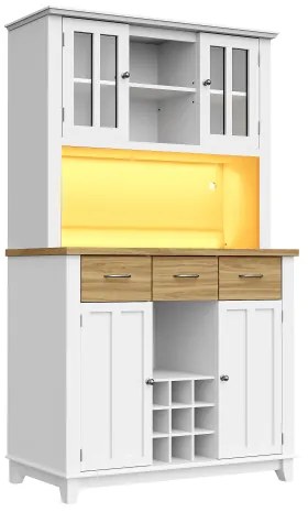 Dulap înalt pentru bucătărie cu iluminare LED, Culoare naturală+Alb | Aosom Romania