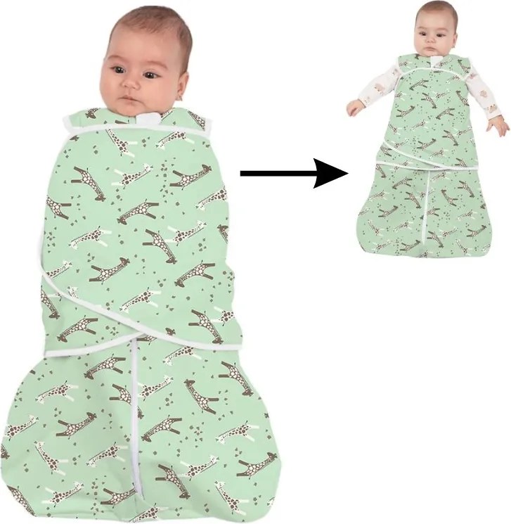 Sac de dormit bebelusi cu sistem de infasare din bumbac Kidizi Giraffe, 0-6 luni, 0.5 tog