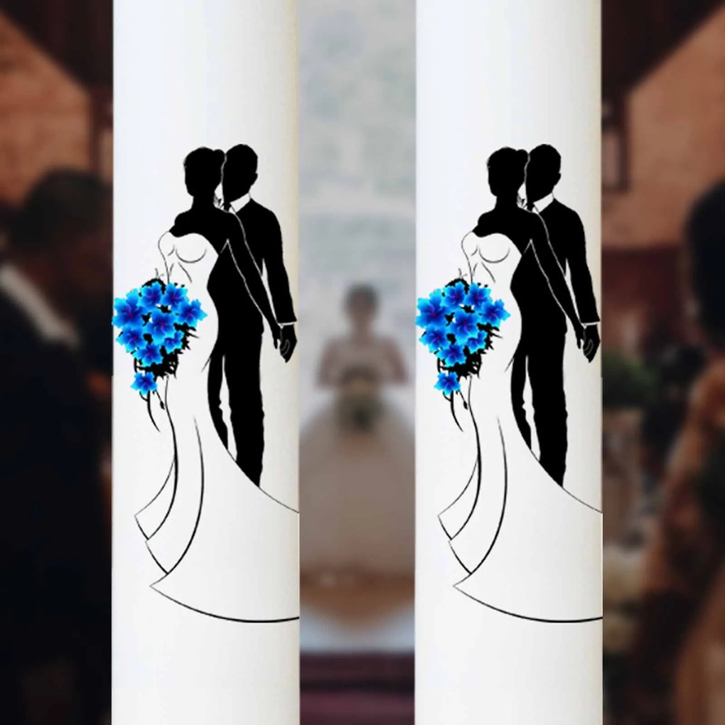 Set 2 Lumanari Nunta Mire si Mireasa cu buchet albastru 4,5 cm, 60 cm