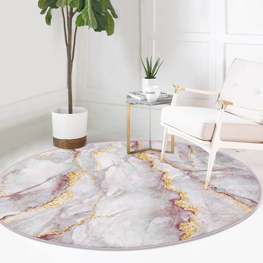 Covor roz deschis/auriu lavabil rotund ø 100 cm Marble – Mila Home