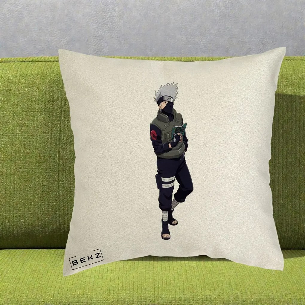 Perna Personalizata Naruto Kakashi Hatake Portret Complet, 40x40 cm, Ecru, Husa Detasabila, Perna Inclusa, BEKZ®