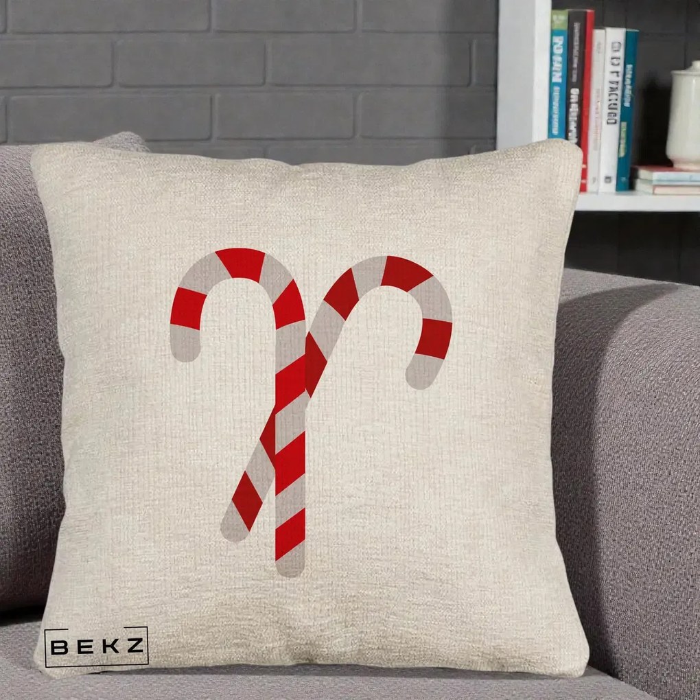 Perna Decorativa Candy Cane de Craciun, 40x40 cm, Bej Canapea, Husa Detasabila, Perna Inclusa, BEKZ®