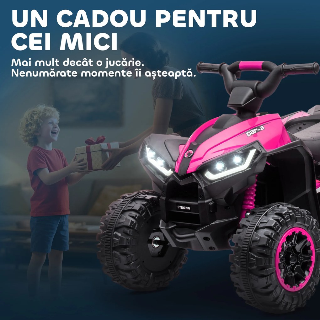 HOMCOM ATV Electric pentru Copii cu Motor Dublu și 2 Viteze, Roți, Faruri LED, Claxon și Muzică, 83x53x55.5 cm, Roz | Aosom Romania