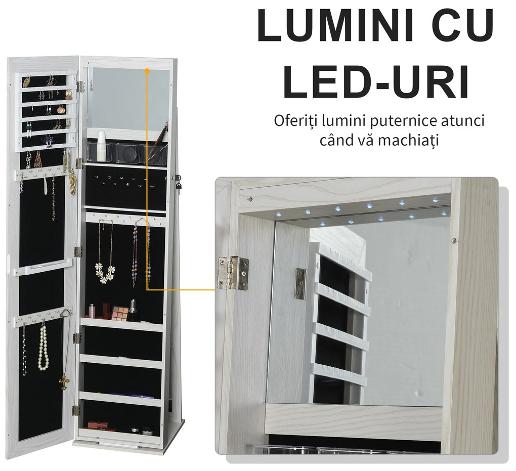 HOMCOM Dulap Bijuterii LED Alb cu Cheie | Aosom Romania