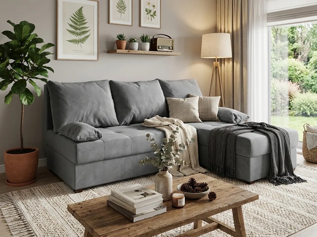 OFERTA Canapea de colt extensibila gri deschis ZENA, reversibila clasa a II-a