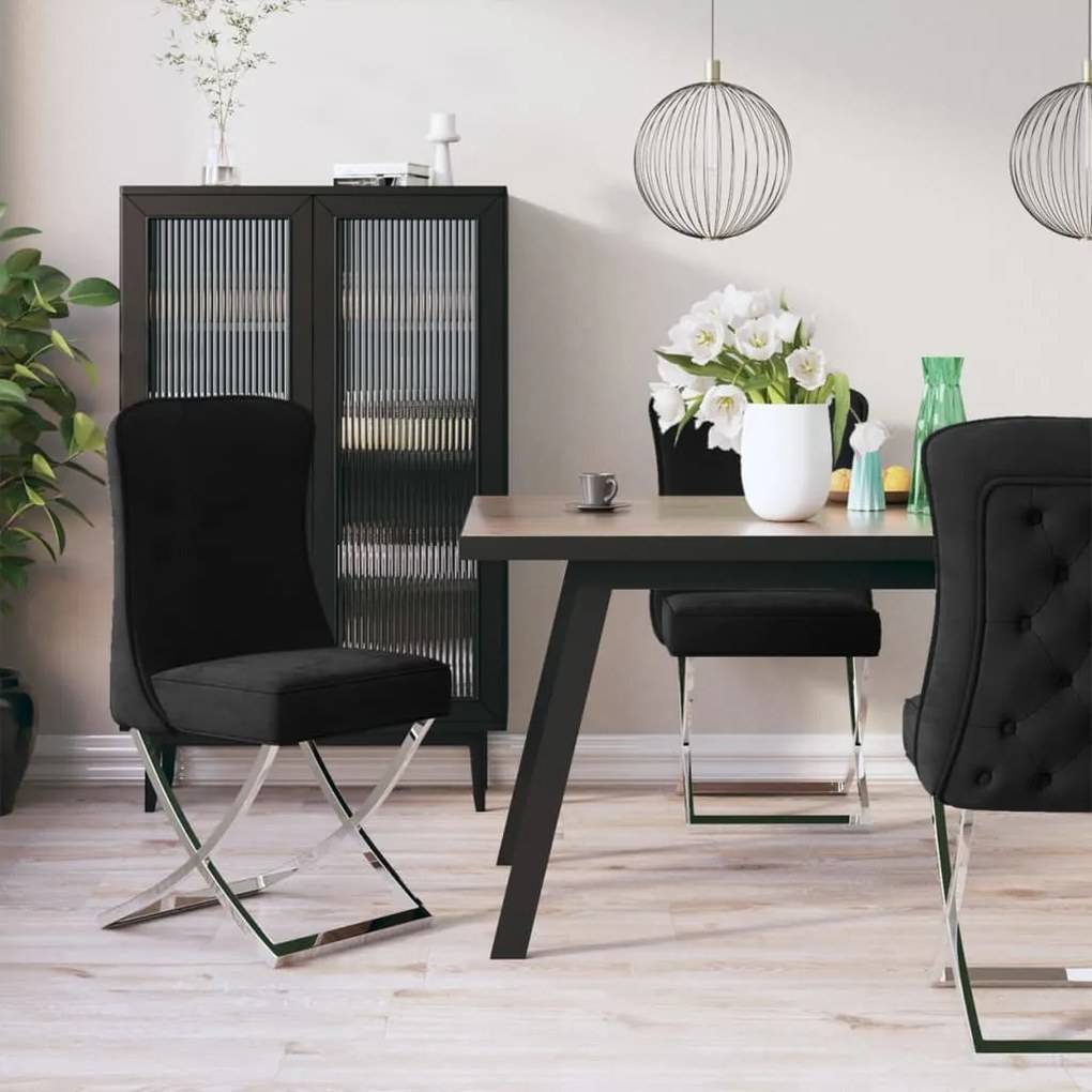 3074910 vidaXL Scaune, 4 buc., negru, 53x52x98 cm, catifea/oțel inoxidabil