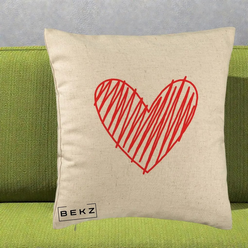 Perna Decorativa Inima Rosie Desen Manual, 40x40 cm, Bej, Husa Detasabila, Perna Inclusa, BEKZ®