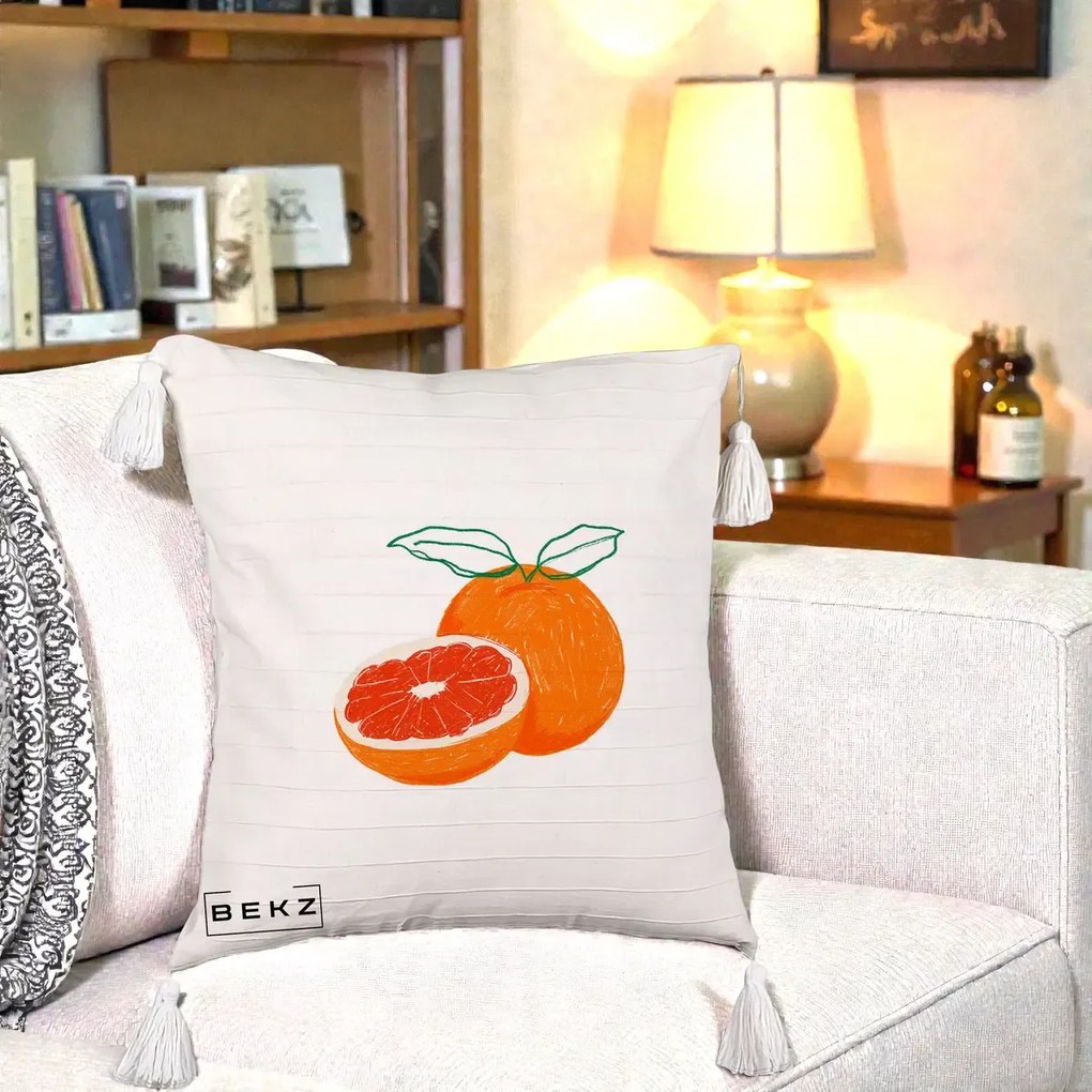 Perna Decorativa Grepfrut Citrus, 40x40 cm, Bej cu Franjuri, Husa Detasabila, Perna Inclusa, BEKZ®
