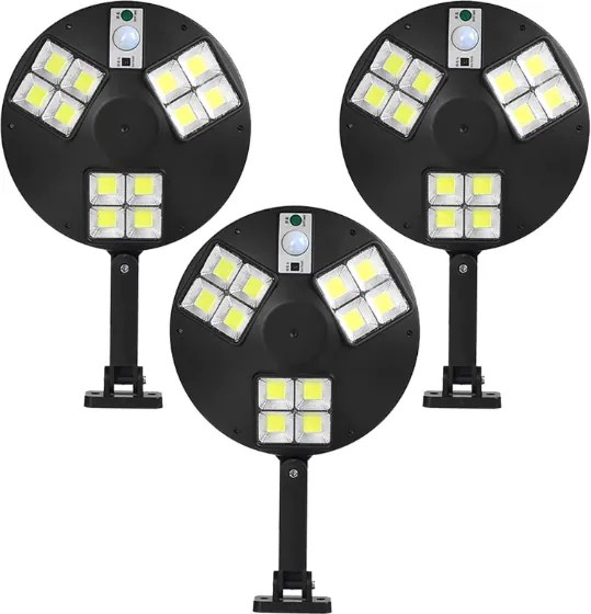 Set 3 bucati Lampa Solara Rotunda cu Senzor de Miscare, Suport Reglabil 360, IPX65 si Telecomanda
