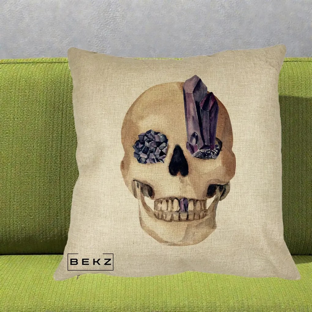 Perna Decorativa Craniu cu Cristale de Ametist, 40x40 cm, Crem, Husa Detasabila, Perna Inclusa, BEKZ®