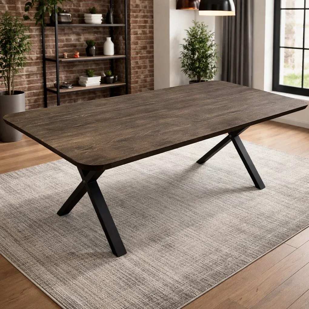 Masa dining Cabo X din stejar masiv 240x100 cm, blat 40 mm, picioare metalice in X