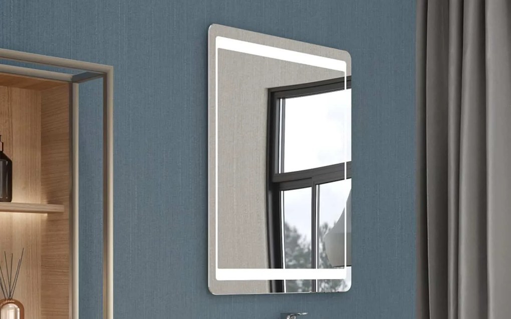 Oglindă lemn masiv iluminare LED dreptunghiulară, 80 × 2,9 × 60 cm