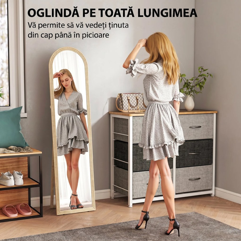 Oglindă HOMCOM de Podea și de Perete cu Suport, efect de Piatră, 40x160cm, Bej. | Aosom Romania