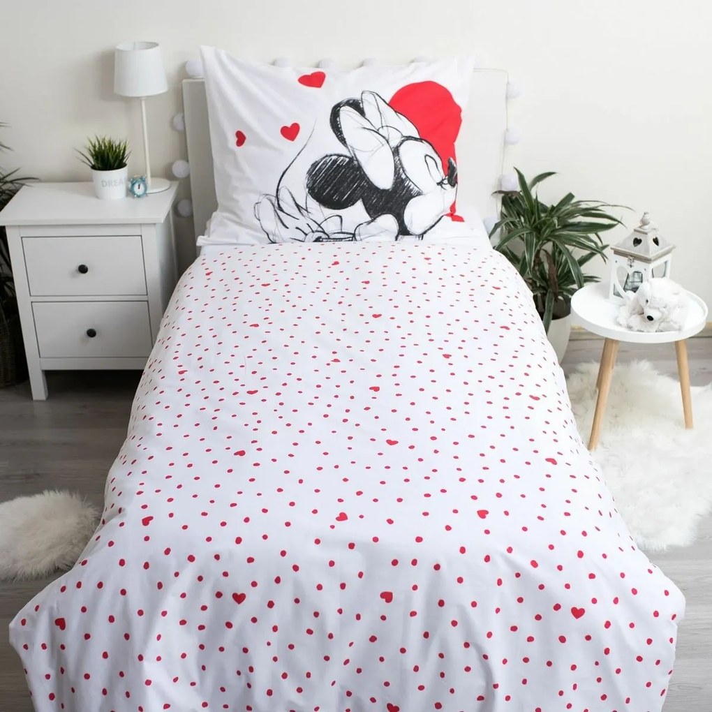 Lenjerie pat pentru copii Mickey and Minnie Love 05 din bumbac, 140 x 200 cm, 70 x 90 cm